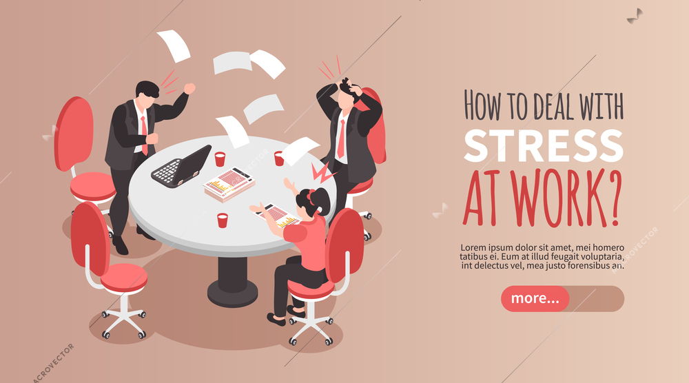 Dealing with stress banner with frustrated people at work at office 3d isometric vector illustration