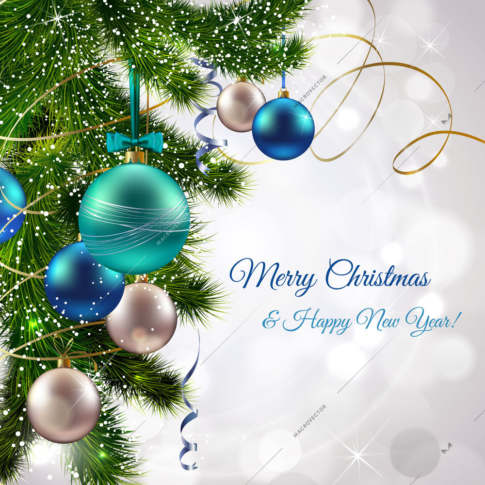 Christmas and new year postcard with pine tree branch and decoration balls vector illustration