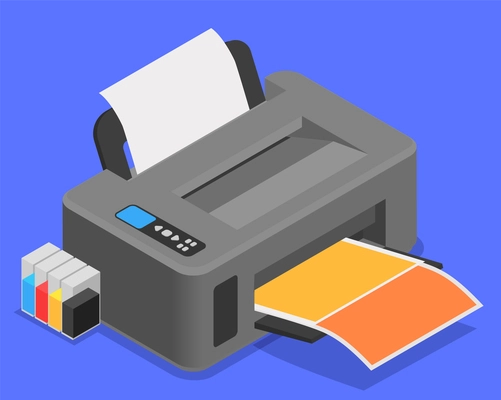 Printing house isometric composition with view of desktop printer with color cartridges and colorful printed sheet vector illustration
