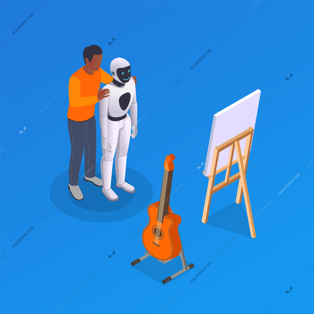 Artificial intelligence isometric composition with images of acoustic guitar on stand drawing easel robot and human vector illustration