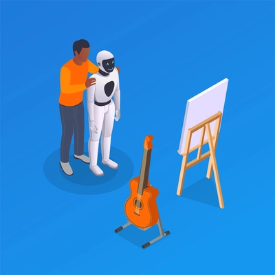 Artificial intelligence isometric composition with images of acoustic guitar on stand drawing easel robot and human vector illustration