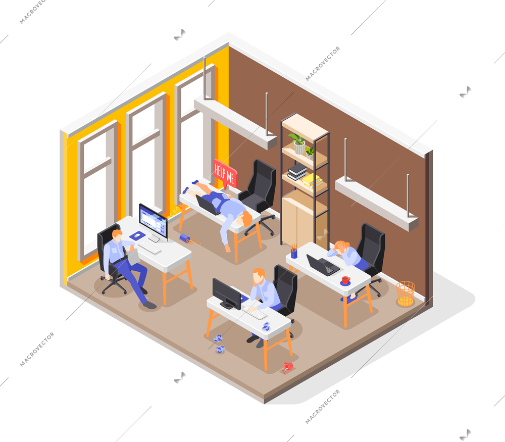 Burn-out syndrome isometric concept with stressful work symbols  vector illustration