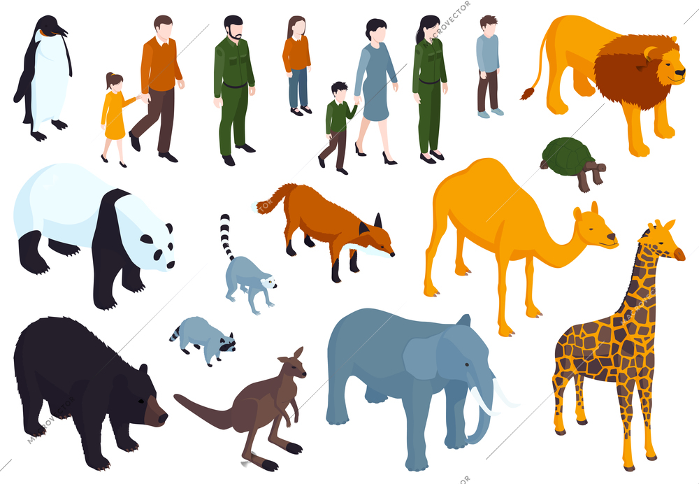 Isometric zoo color set with isolated human characters of visitors and various animals on blank background vector illustration