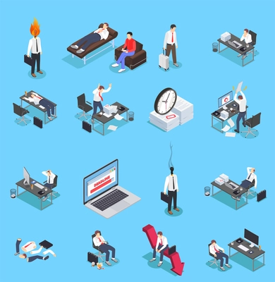 Professional burnout depression frustration isometric set of isolated icons and human characters of distracted business workers vector illustration