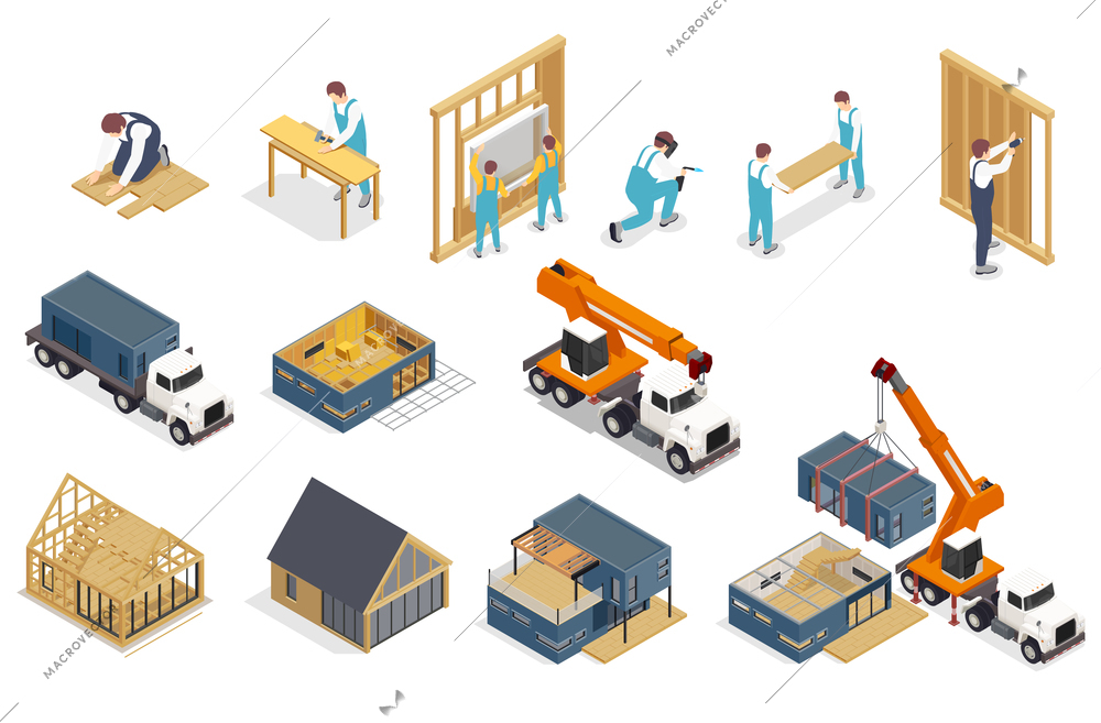 Modular frame building isometric composition with isolated icons of trucks and images of buildings under construction vector illustration