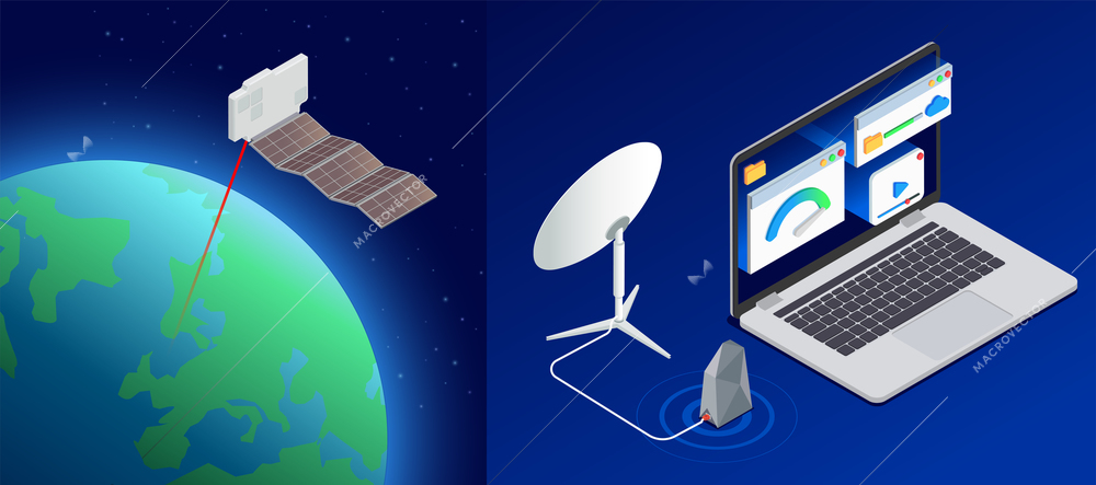 5g high speed internet isometric composition with laptop and satellite dish with view of earth globe vector illustration