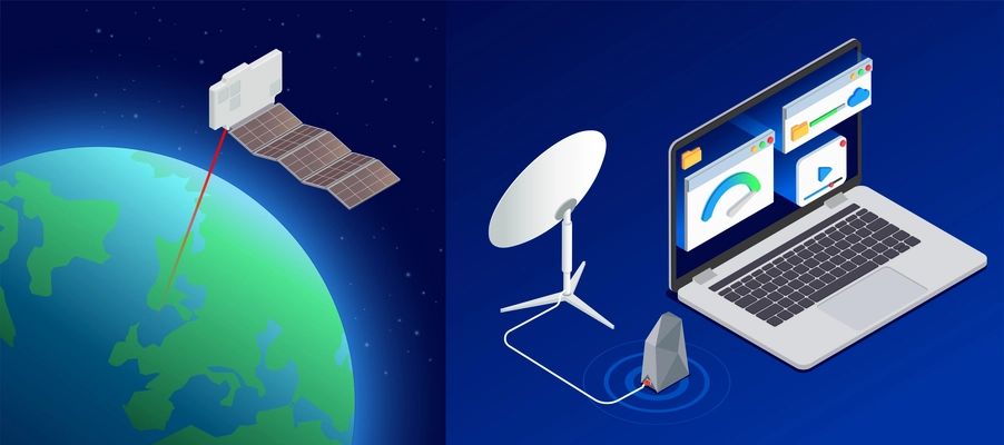 5g high speed internet isometric composition with laptop and satellite dish with view of earth globe vector illustration