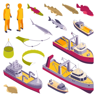 Commercial fishing isometric set of river ocean and sea fishing ships boats and trawlers isolated vector illustration