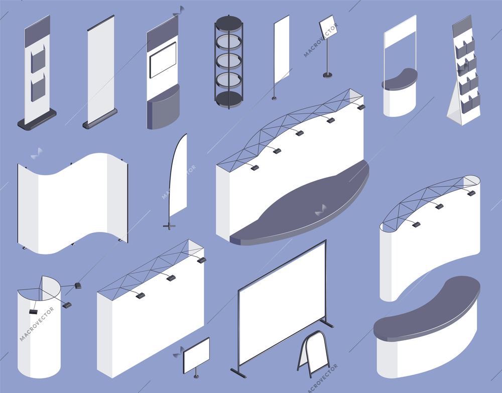 Expo stand template isometric set of different information boards screens and booths isolated on lilac background vector illustration