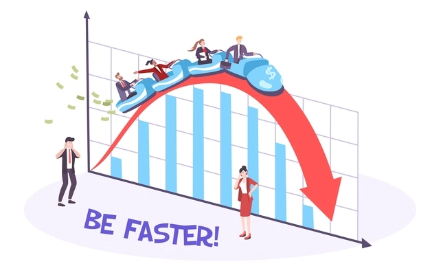 Roller coaster business flat composition with human characters and curvy graph with arrow and big dipper vector illustration