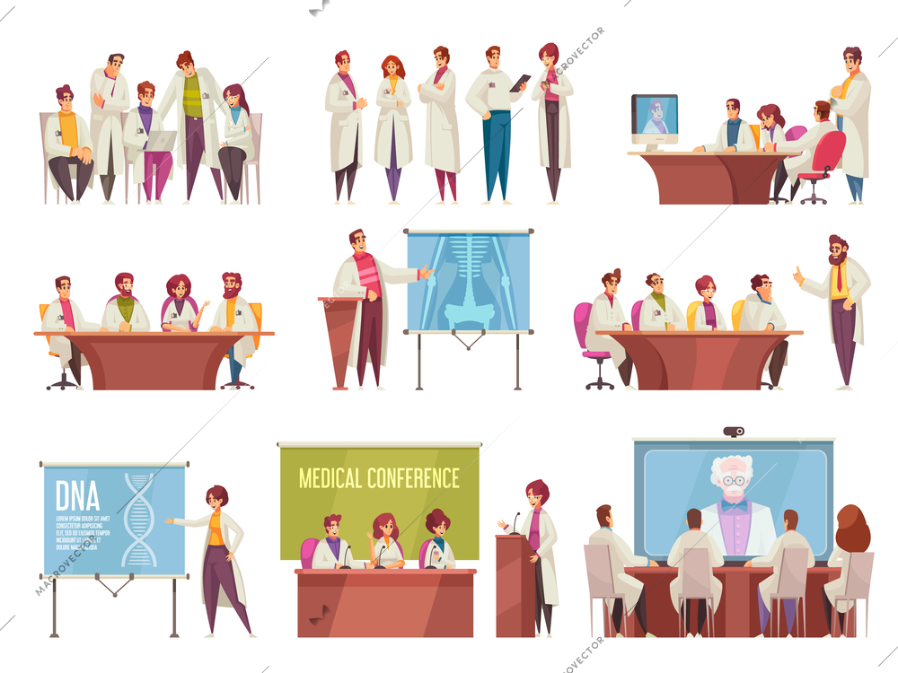 Medical conference icon set with doctors around the table listen information talk and gain new knowledge vector illustration