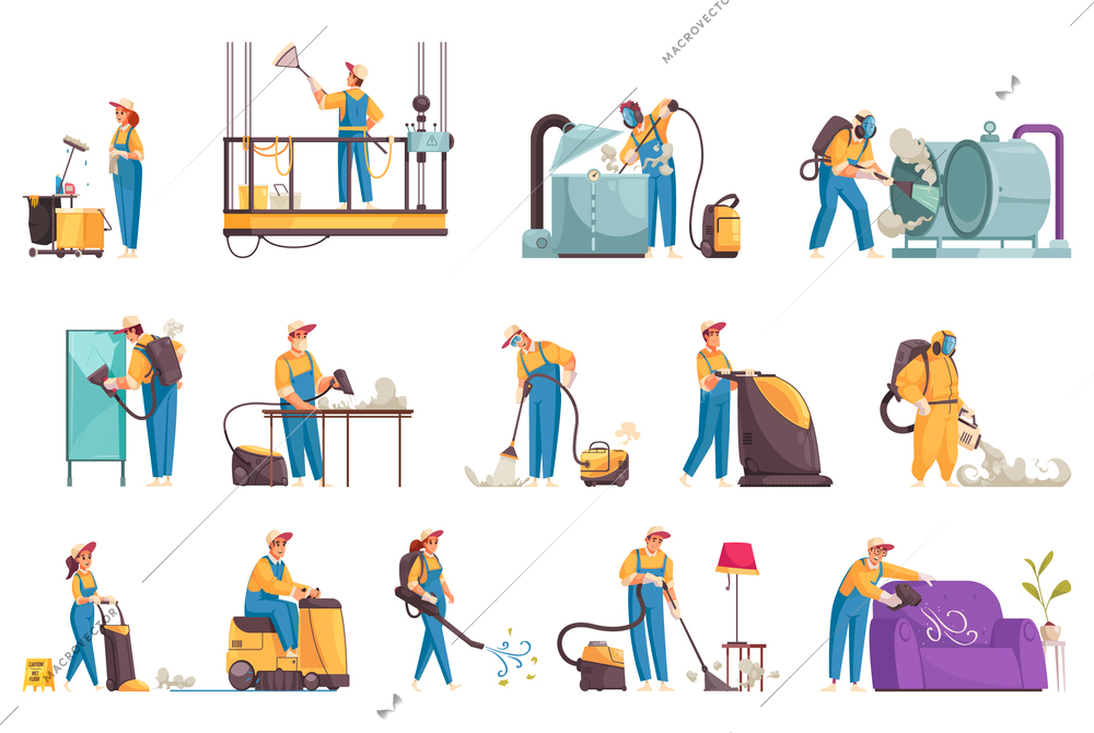 Cleaning set of isolated human characters of cleaners and icons of professional equipment with domestic furniture vector illustration