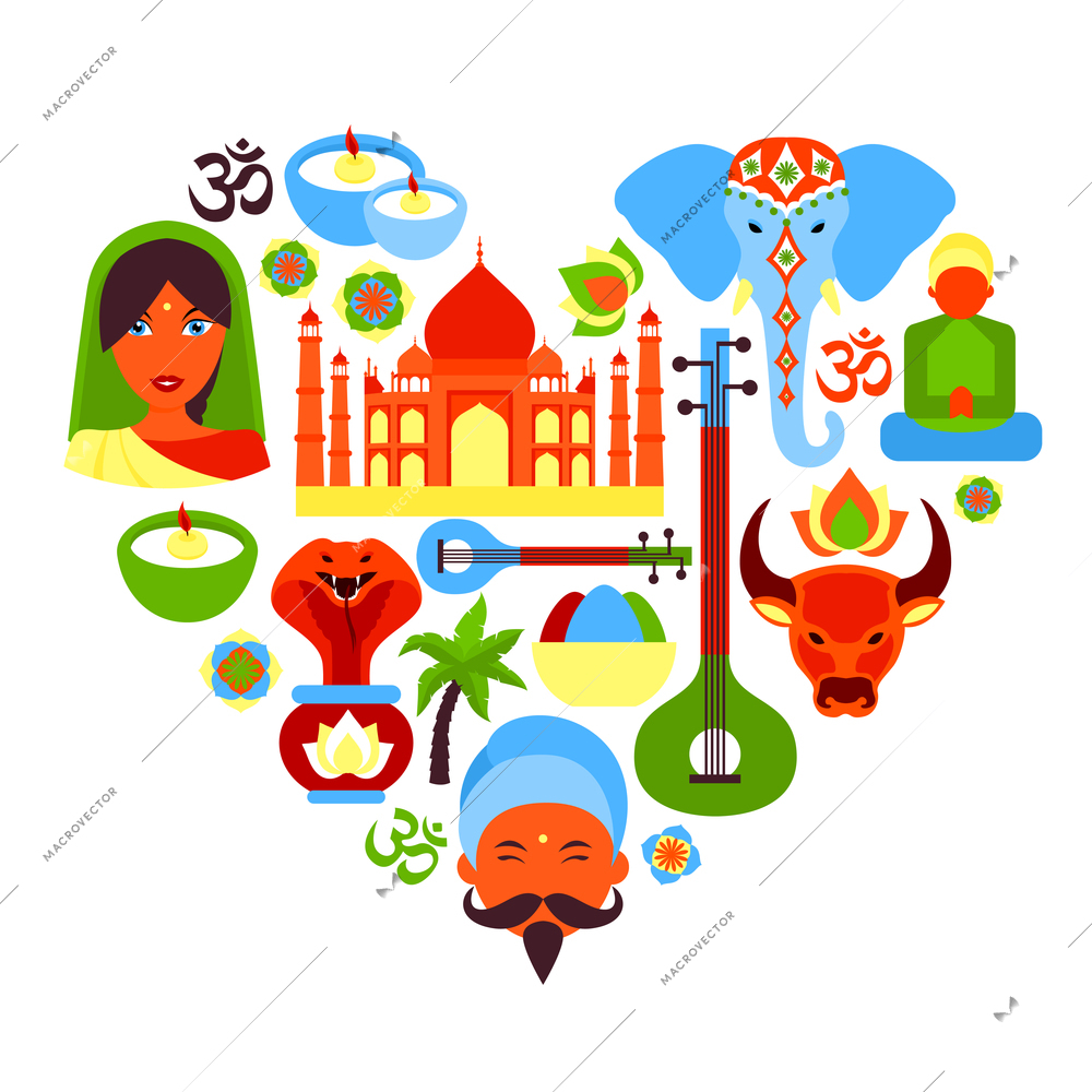 India travel culture religion symbols in heart shape vector illustration