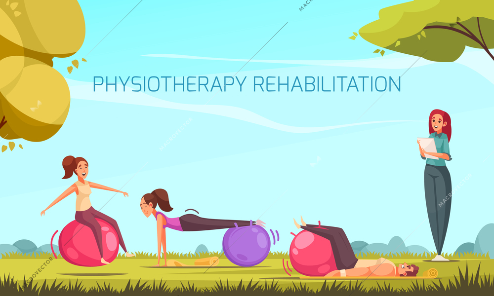 Physiotherapy rehabilitation composition with group of human characters doing physical exercises with balls and outdoor landscape vector illustration