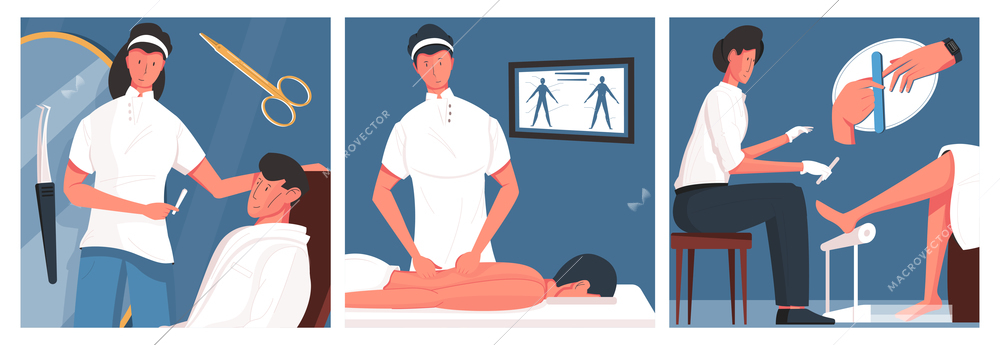 Cosmetology man set of three square compositions with clinic scenery and male clients at cosmetic procedures vector illustration