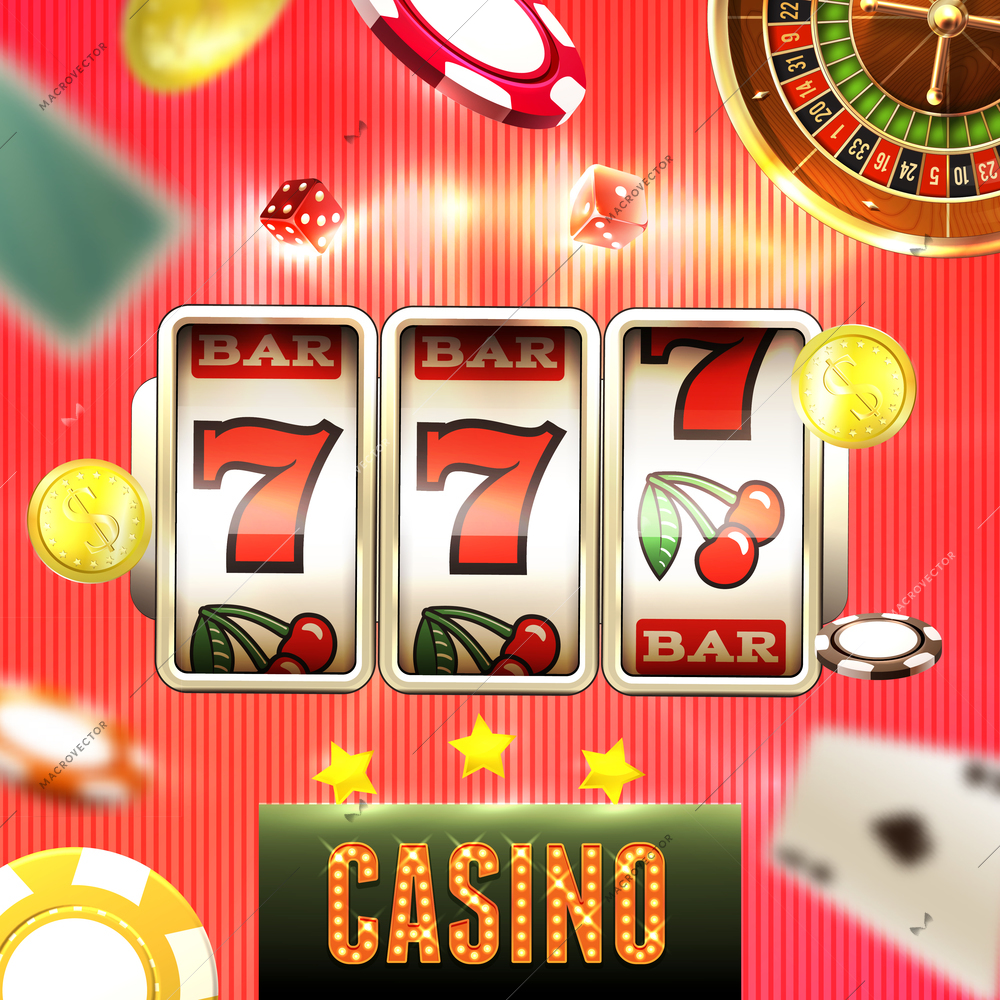 Realistic casino jackpot composition with images of roulette chips and coins with slot machine making 777 vector illustration