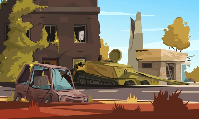 City destroy in war zone with damaged building burned car and military tank on street cartoon vector illustration