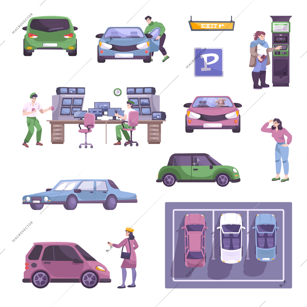 Parking set with flat images of cars people parking lot and payment kiosk on blank background vector illustration