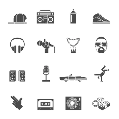 Rap hip hop music black icons set isolated vector illustration