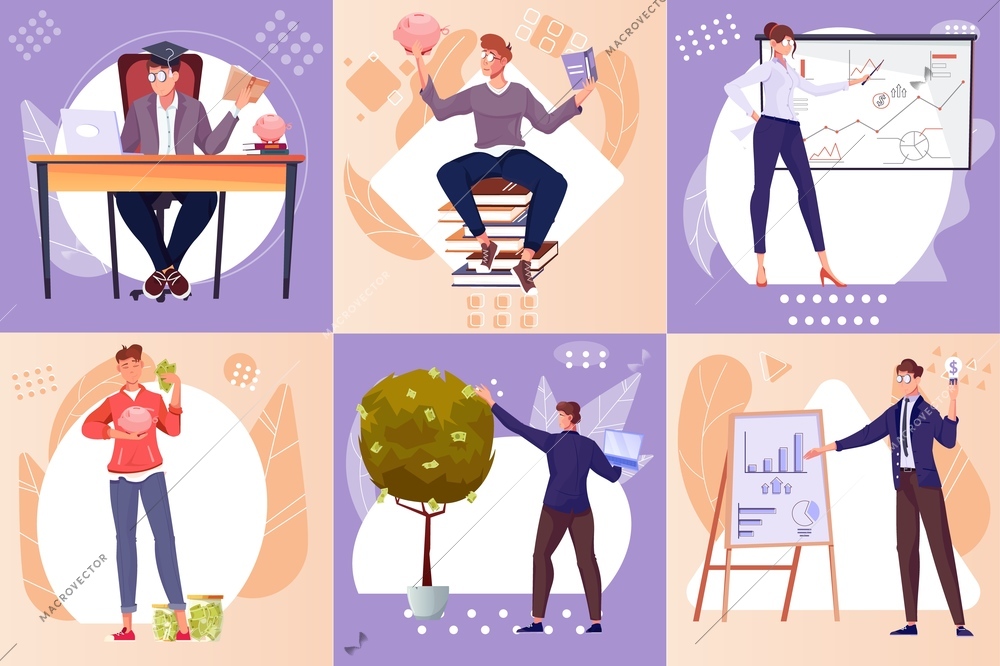 Investment set of square compositions with flat icons and human characters saving money working with data vector illustration