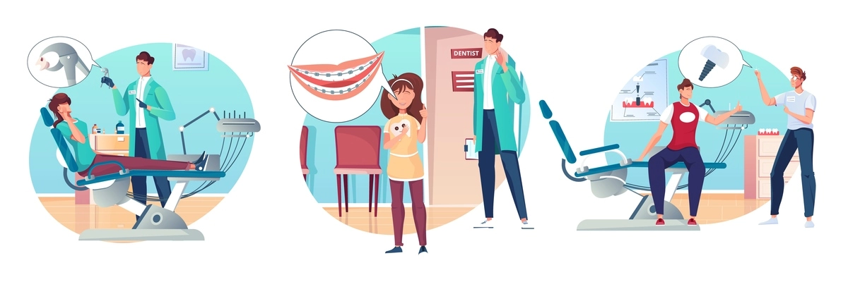 Dentistry compositions set with flat human characters of adult patients kids and dental surgeons in office vector illustration