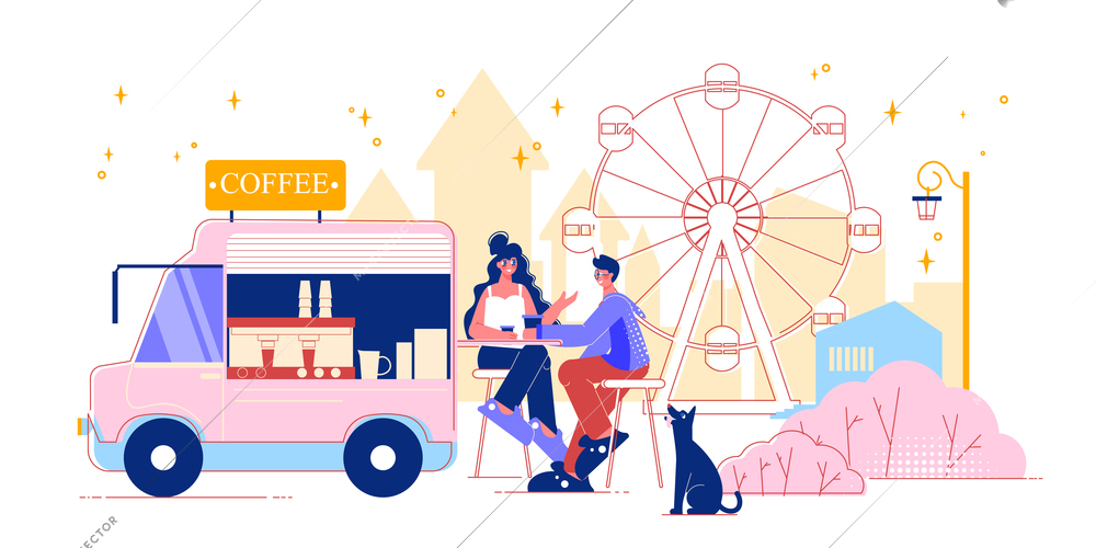 Funfair amusement park coffee van composition with flat cityscape scenery observation wheel and people drinking coffee vector illustration