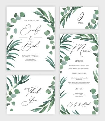 Realistic set of floral design wedding invitation card and festive menu isolated vector illustration