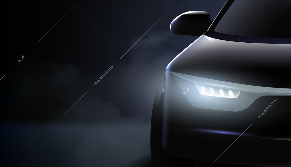 Black car headlights AD composition and the right headlight of an expensive car shines with cold lights in the dark vector illustration