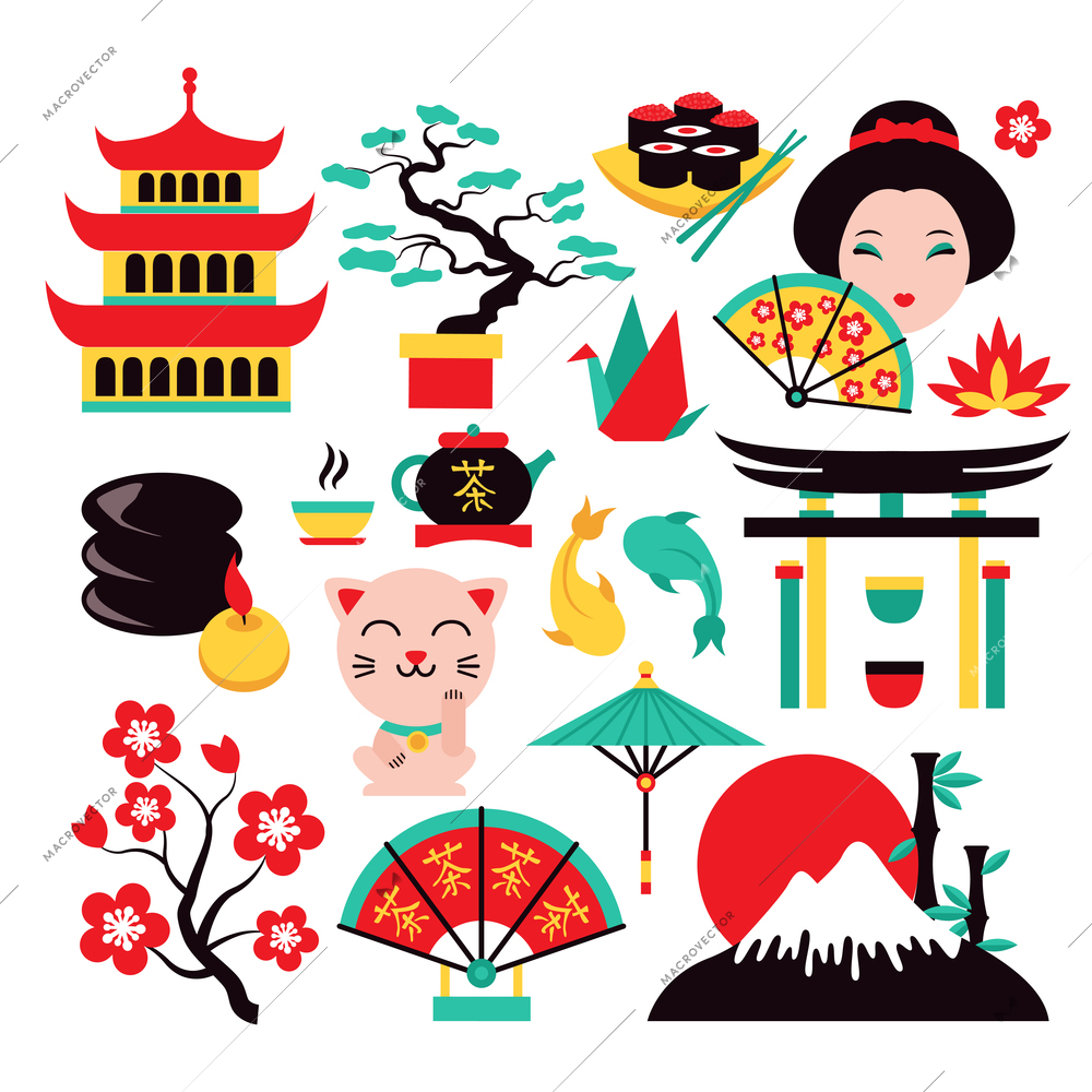 Japan symbols set with traditional food and travel icons isolated vector illustration