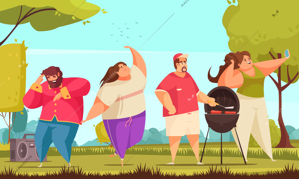 Body positive cheerful people have party in park cartoon vector illustration