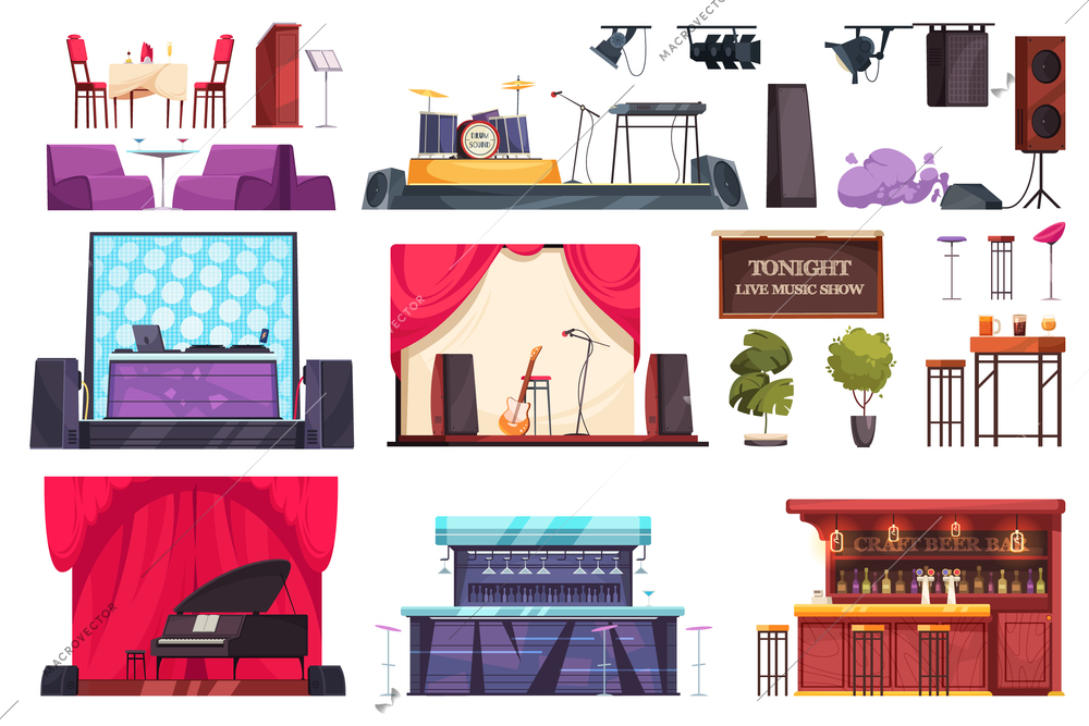Flat bar live music interior icon set different scenes bar counter and different atmosphere vector illustration