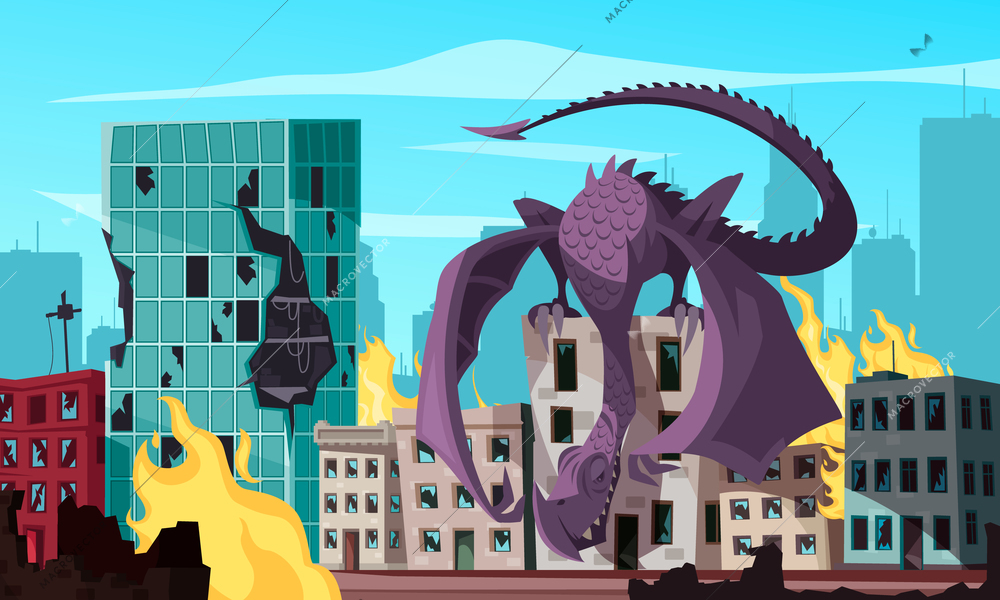 Flying monster sitting on roof attacking burning city cartoon vector illustration