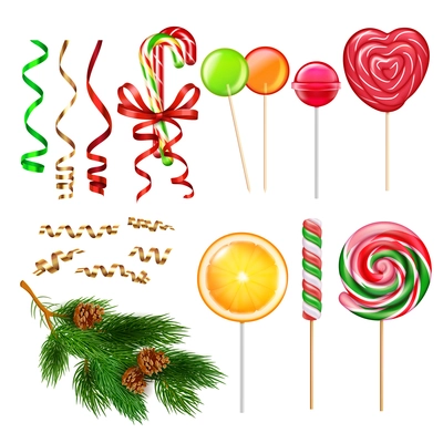 Christmas gifts presents accessories realistic set with serpentine tape fir tree decorations candies caramel lollypops vector illustration