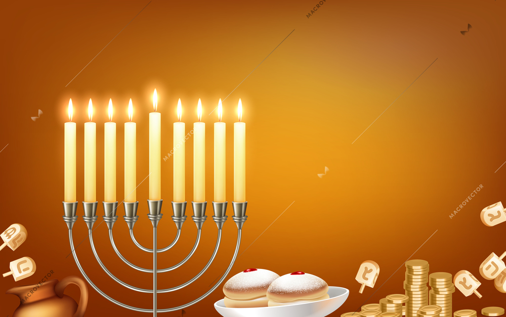 Happy hanukkah jewish festival celebration greeting with menora candelabrum lights six pointed david star symbols vector illustration