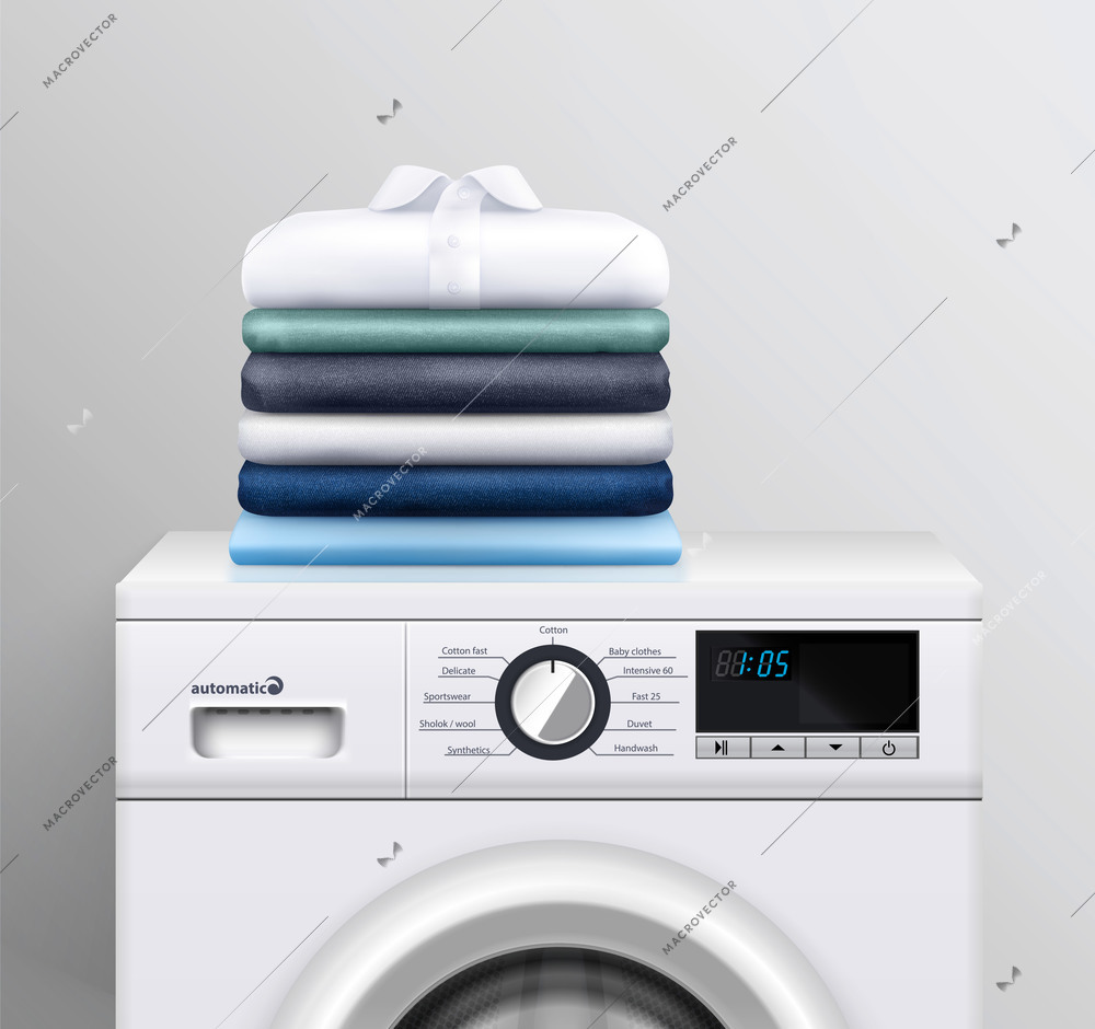 Clothes stack on washing machine realistic background as advertising of modern electronic laundry equipment for housekeeping vector  illustration