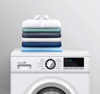 Clothes stack on washing machine realistic background as advertising of modern electronic laundry equipment for housekeeping vector  illustration