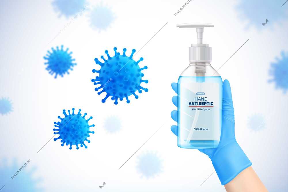 Coronavirus protection realistic background with hands in gloves holding dispenser with antiseptic gel vector illustration