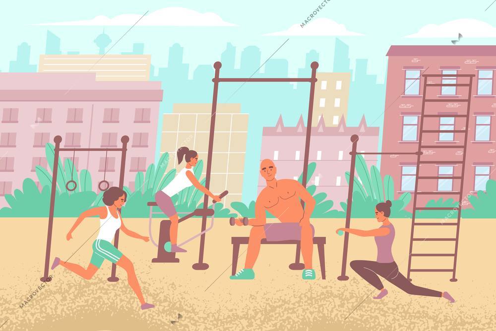 City sports ground composition with flat outdoor cityscape and gym equipment with people performing workout exercises vector illustration