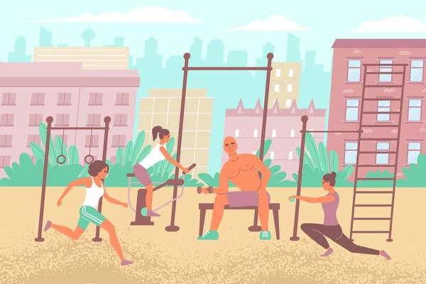 City sports ground composition with flat outdoor cityscape and gym equipment with people performing workout exercises vector illustration