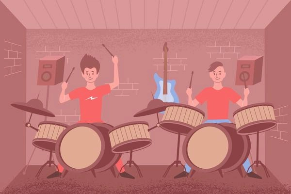 Learning percussion flat composition with indoor scenery and two drum sets with playing people and loudspeakers vector illustration