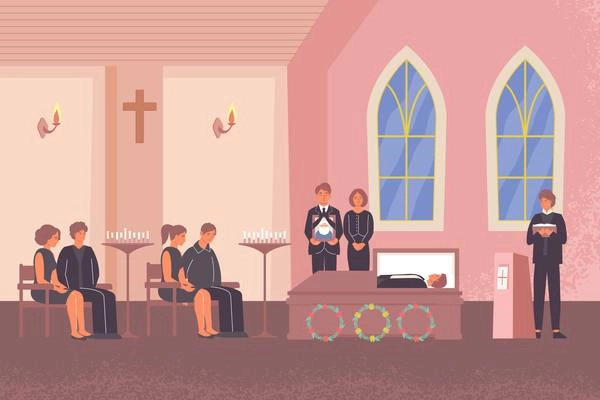 Funeral flat composition with indoor church scenery and pastor performing funeral service for deceased persons friends vector illustration