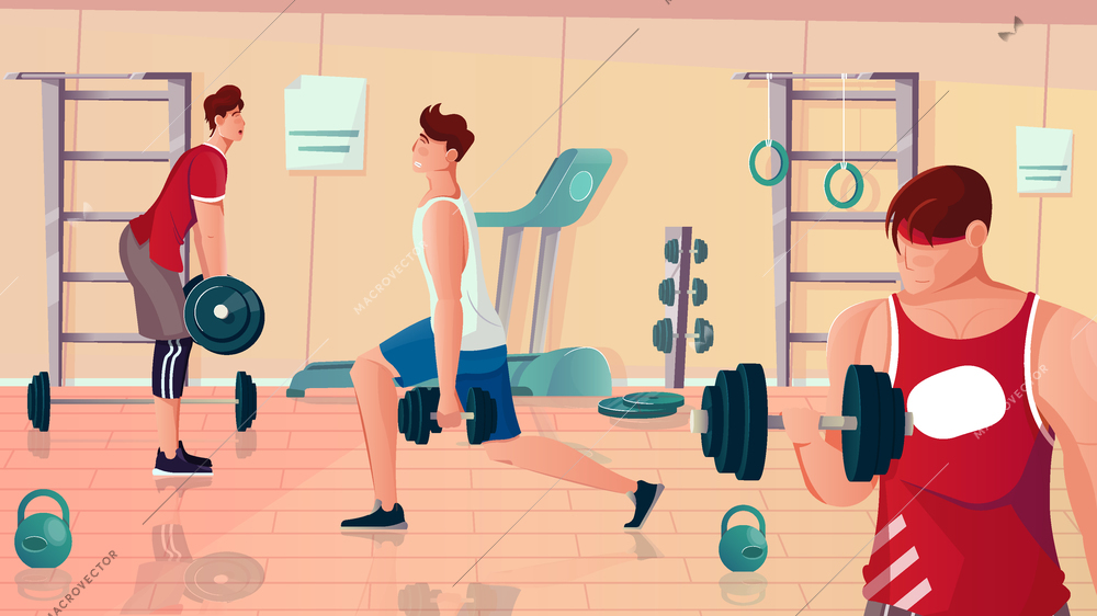 Bodybuilding gym flat composition with view of fitness room apparatus and muscular men performing weightlifting exercises vector illustration