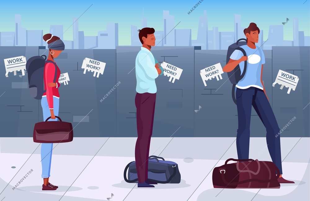 Migrants standing in queue in background with wall and need work advertisements on it flat vector illustration