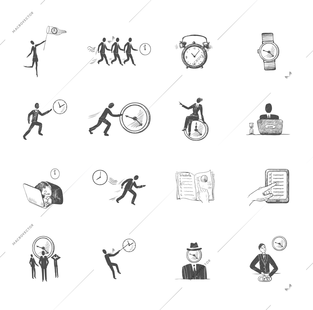 Decorative set of sketch time management icons with working people with clocks isolated vector illustration