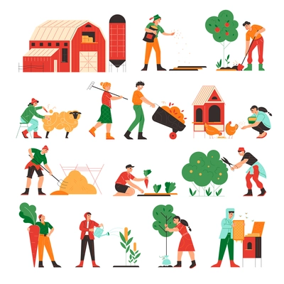 Farm set of isolated icons doodle images of animals and plants with working people and farm buildings vector illustration