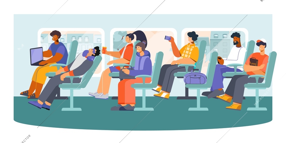 Public transport long distance bus passengers snoozing making photos messaging from phone pc flat composition vector illustration