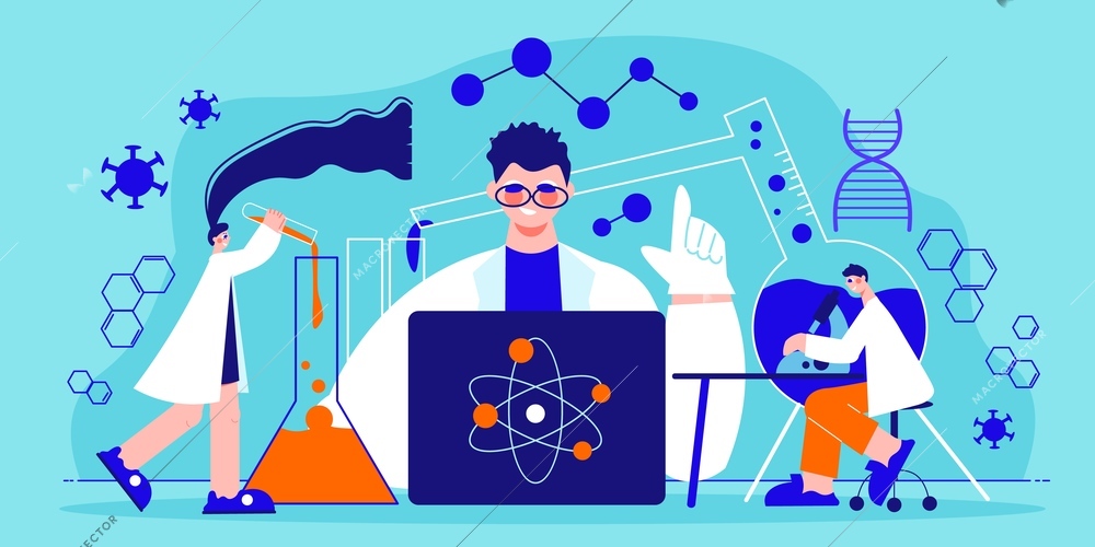 Science laboratory horizontal poster with scientists conducting  scientific research and experiments flat vector illustration