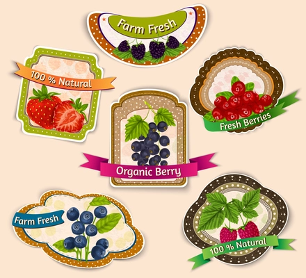 Fresh farm natural organic berries emblems set isolated vector illustration