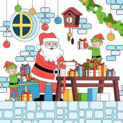 Christmas coloring composition with indoor scenery and characters of santa and elfs holding fancy gift boxes vector illustration