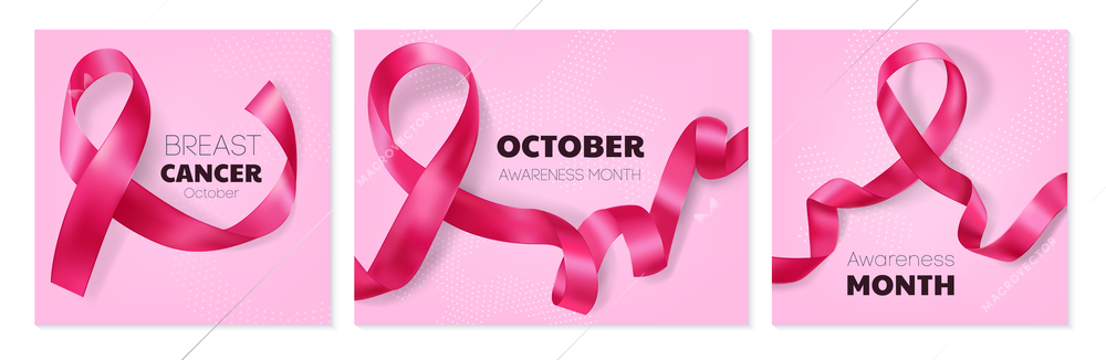 Breast cancer design concept set of three rose cards decorated with ribbon and promotional october as awareness month realistic vector illustration